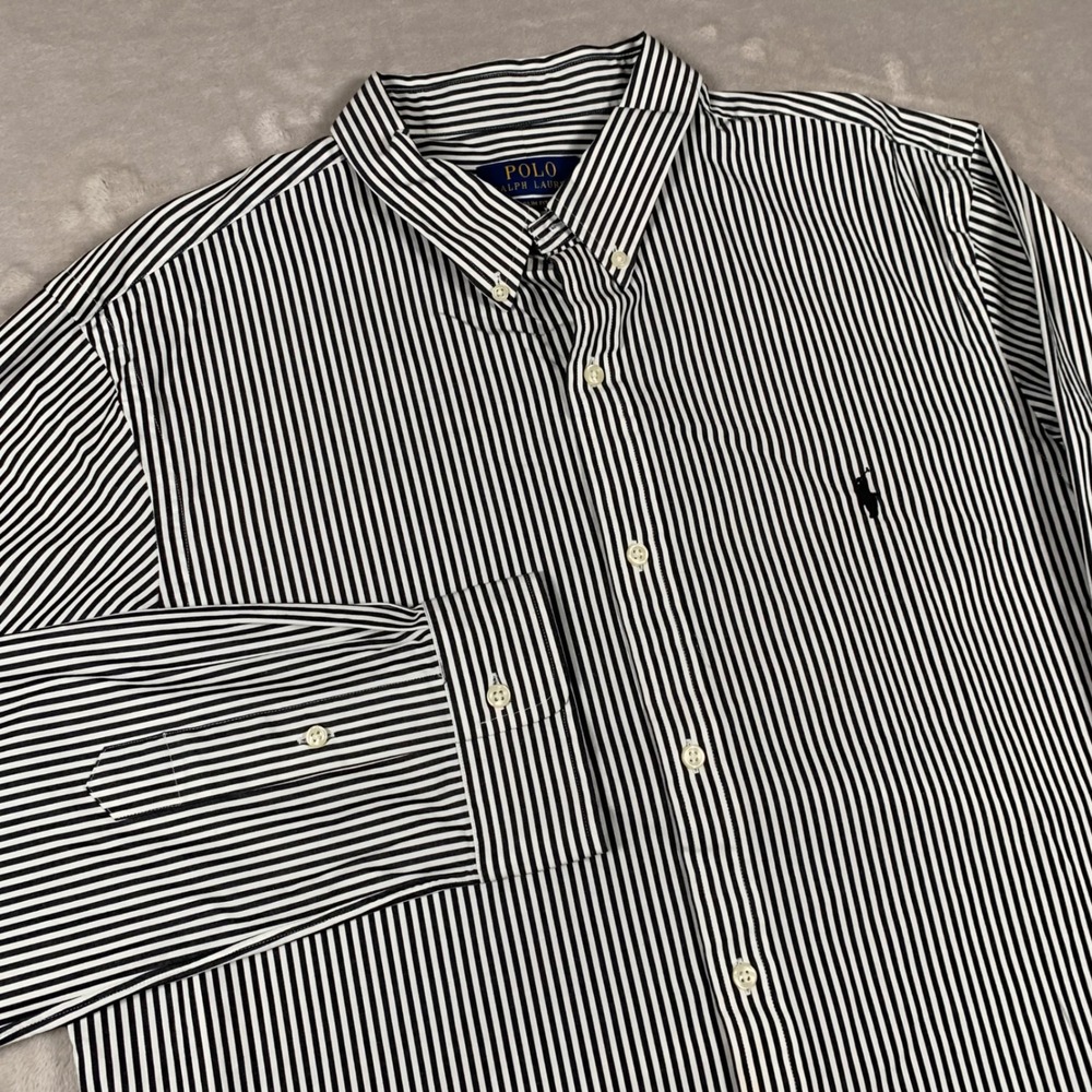 Polo Ralph Lauren Button Down Shirt Mens XL Black White Striped Slim Fit Stretch
